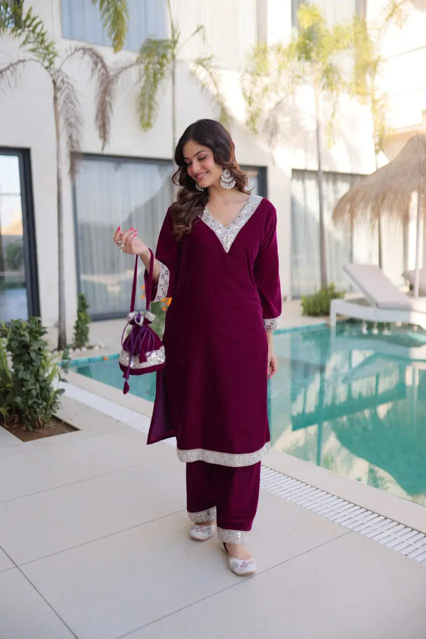 Velvet Zari Mirror Work Kurta Pant Set With Batwa