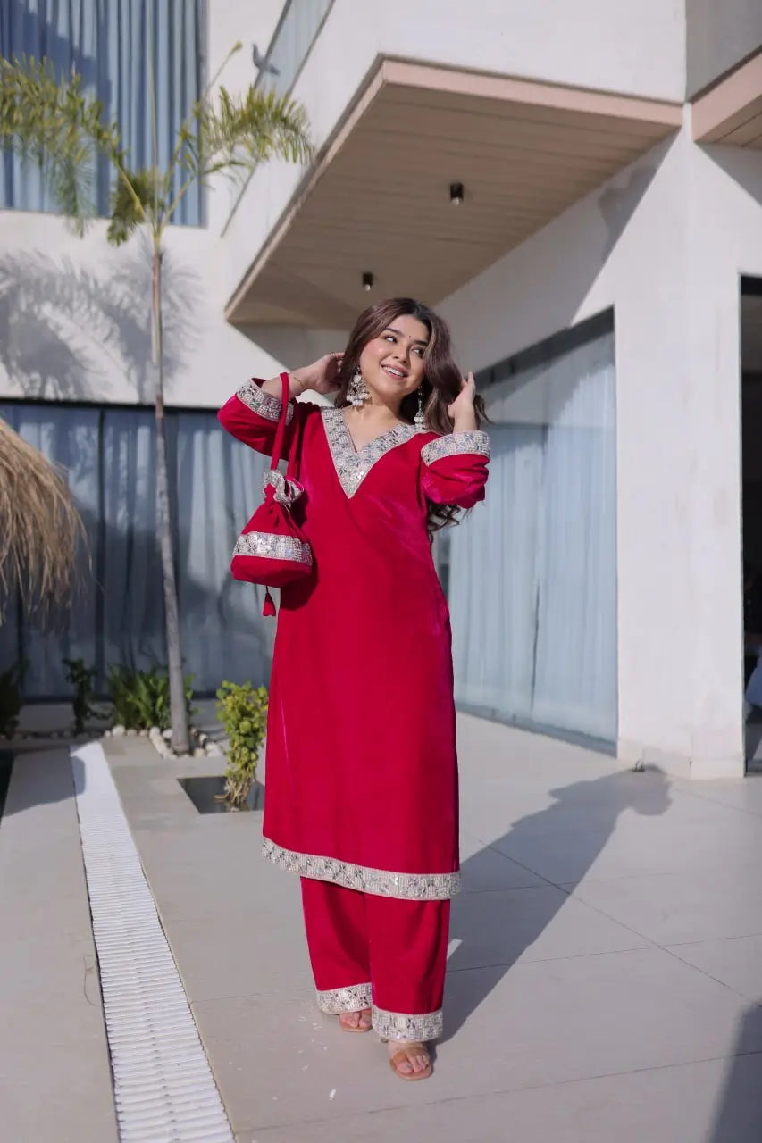 Velvet Zari Mirror Work Kurta Pant Set With Batwa