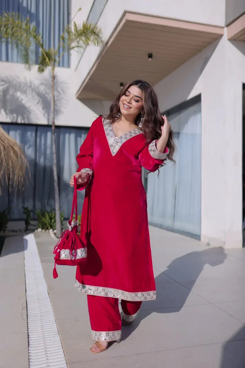 Velvet Zari Mirror Work Kurta Pant Set With Batwa
