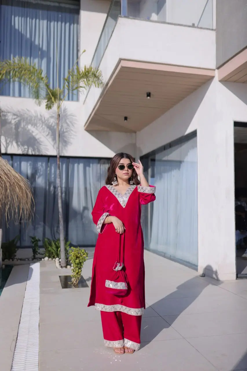 Velvet Zari Mirror Work Kurta Pant Set With Batwa