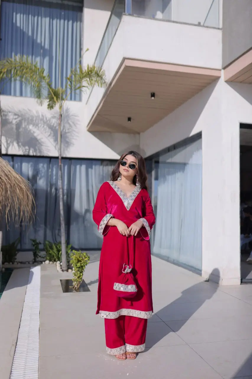 Velvet Zari Mirror Work Kurta Pant Set With Batwa