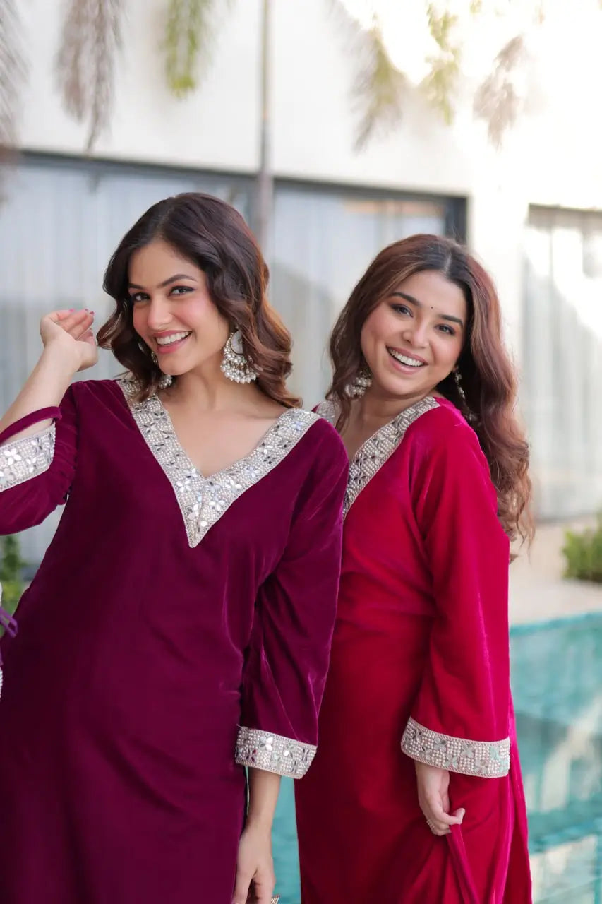 Velvet Zari Mirror Work Kurta Pant Set With Batwa