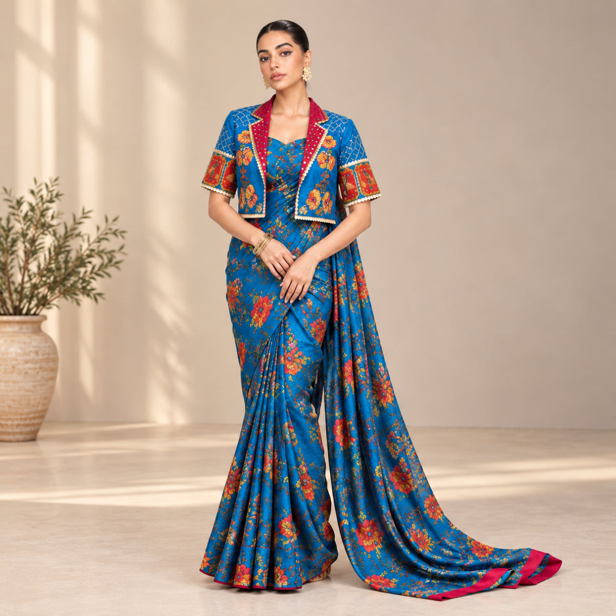 Blue Floral Ready to Wear Saree with Jacket