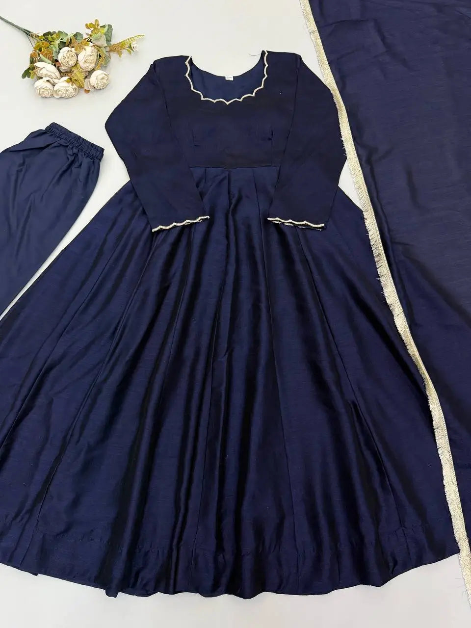 Vichitra Silk Anarkali Gown Set, 3 Colours