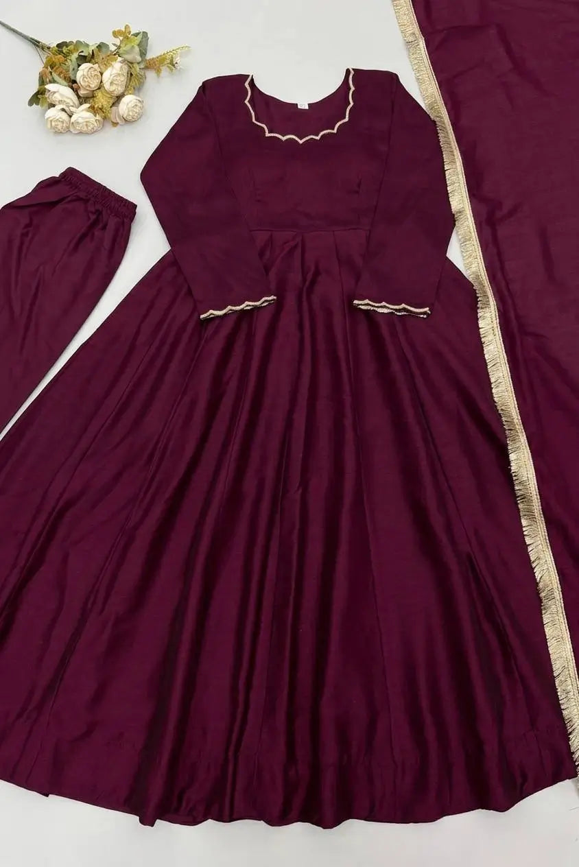 Vichitra Silk Anarkali Gown Set, 3 Colours