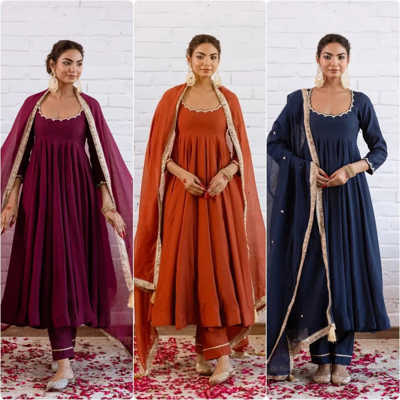Vichitra Silk Anarkali Gown Set, 3 Colours