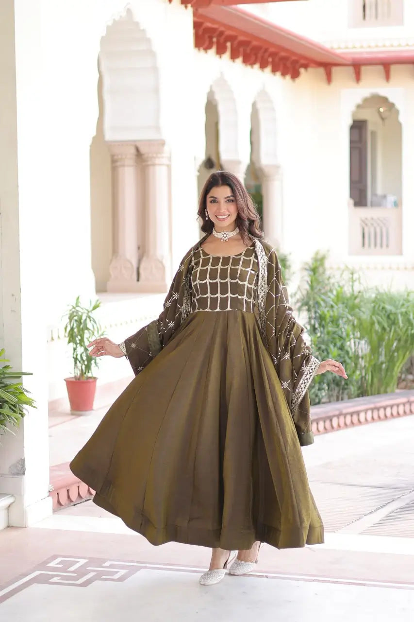 Vichitra Silk Embroidered Anarkali Gown Set