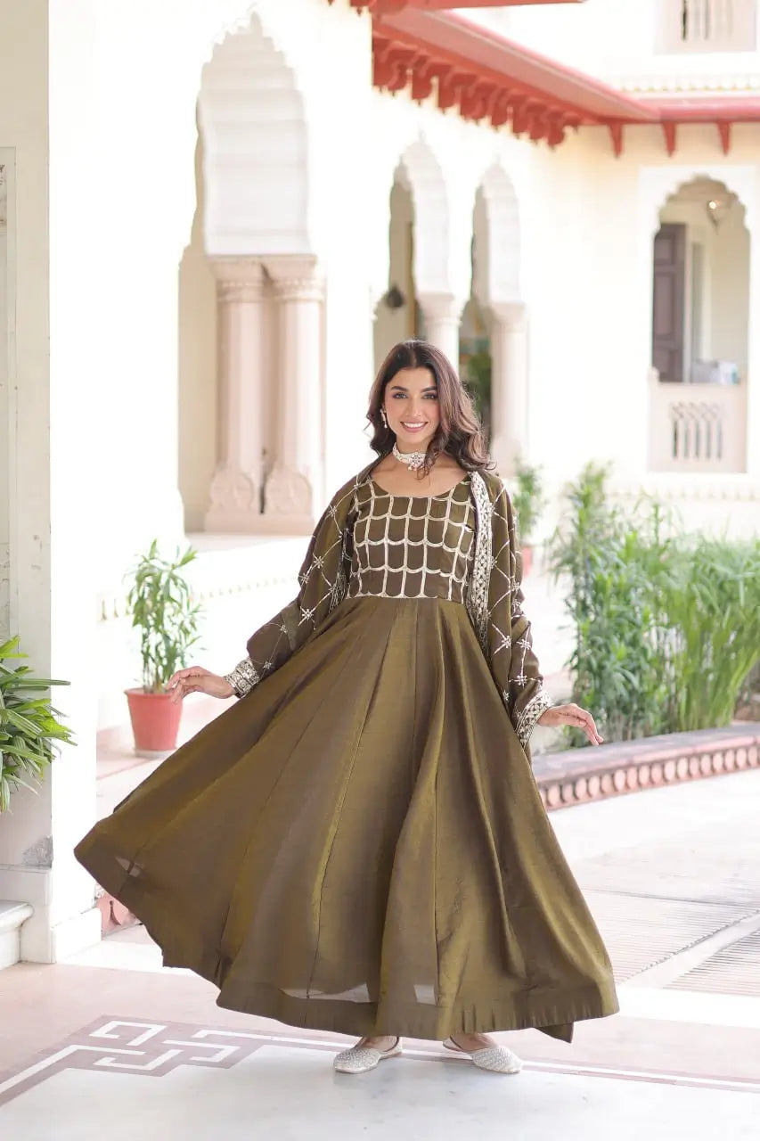 Vichitra Silk Embroidered Anarkali Gown Set