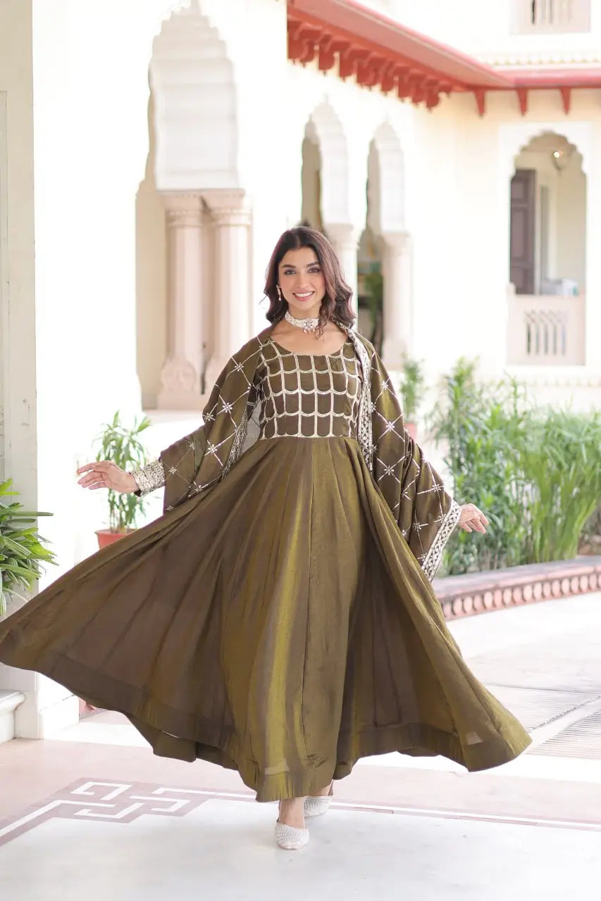 Vichitra Silk Embroidered Anarkali Gown Set