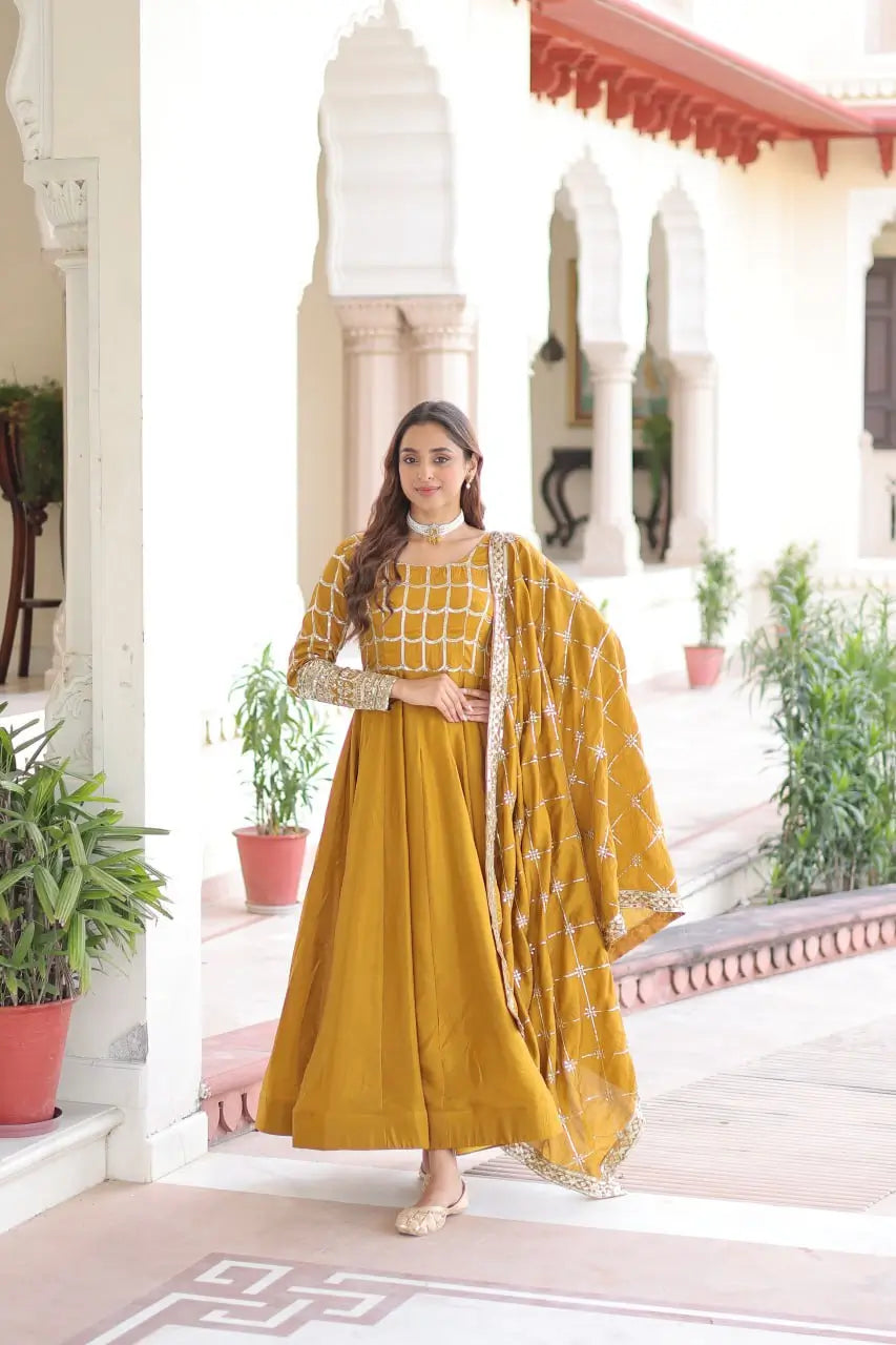 Vichitra Silk Embroidered Anarkali Gown Set