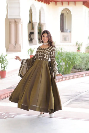 Vichitra Silk Embroidered Anarkali Gown Set