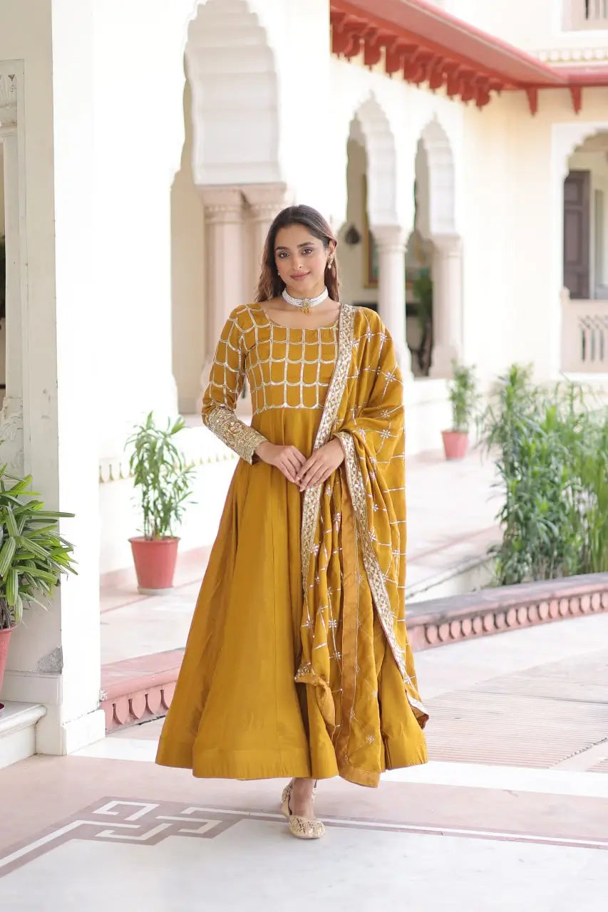 Vichitra Silk Embroidered Anarkali Gown Set