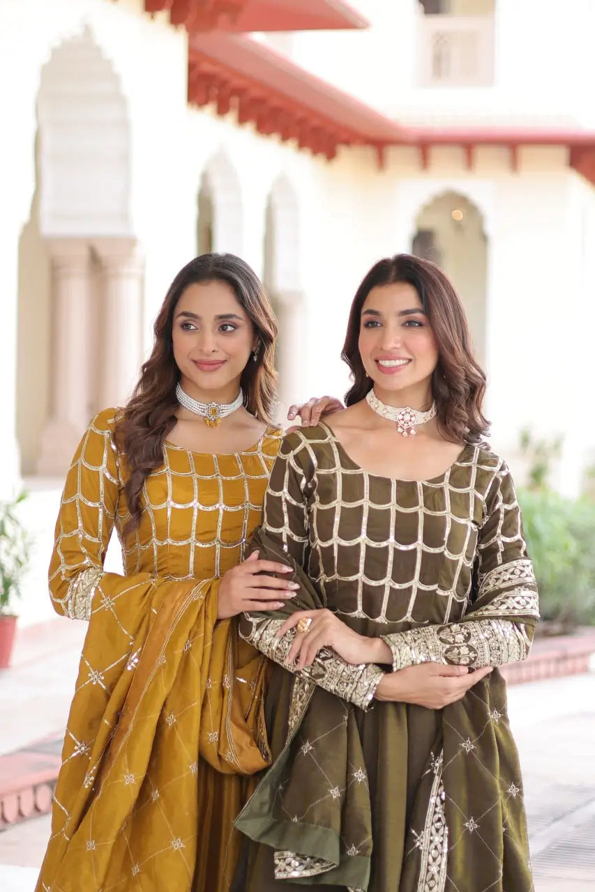 Vichitra Silk Embroidered Anarkali Gown Set