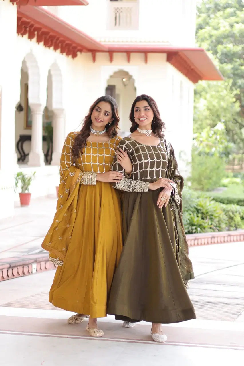 Vichitra Silk Embroidered Anarkali Gown Set