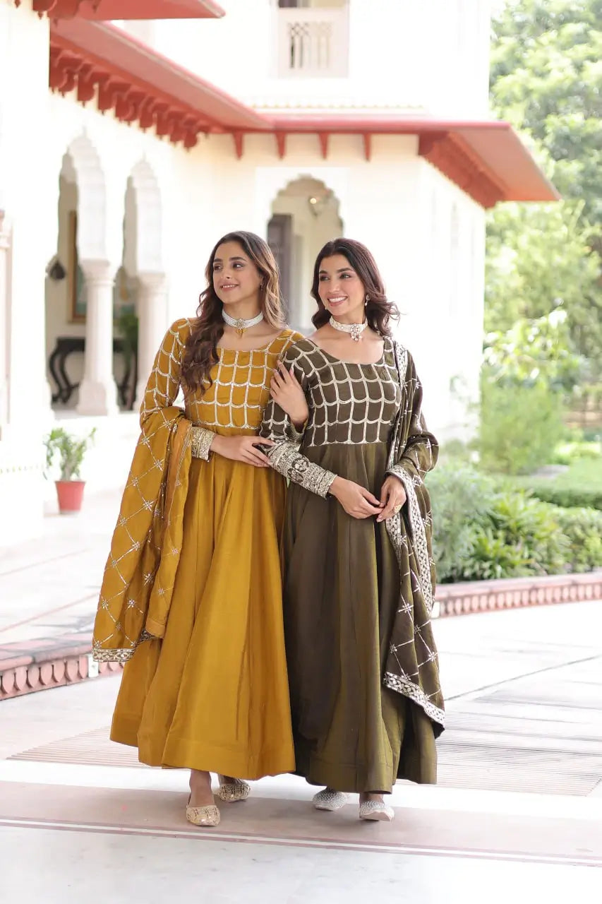 Vichitra Silk Embroidered Anarkali Gown Set