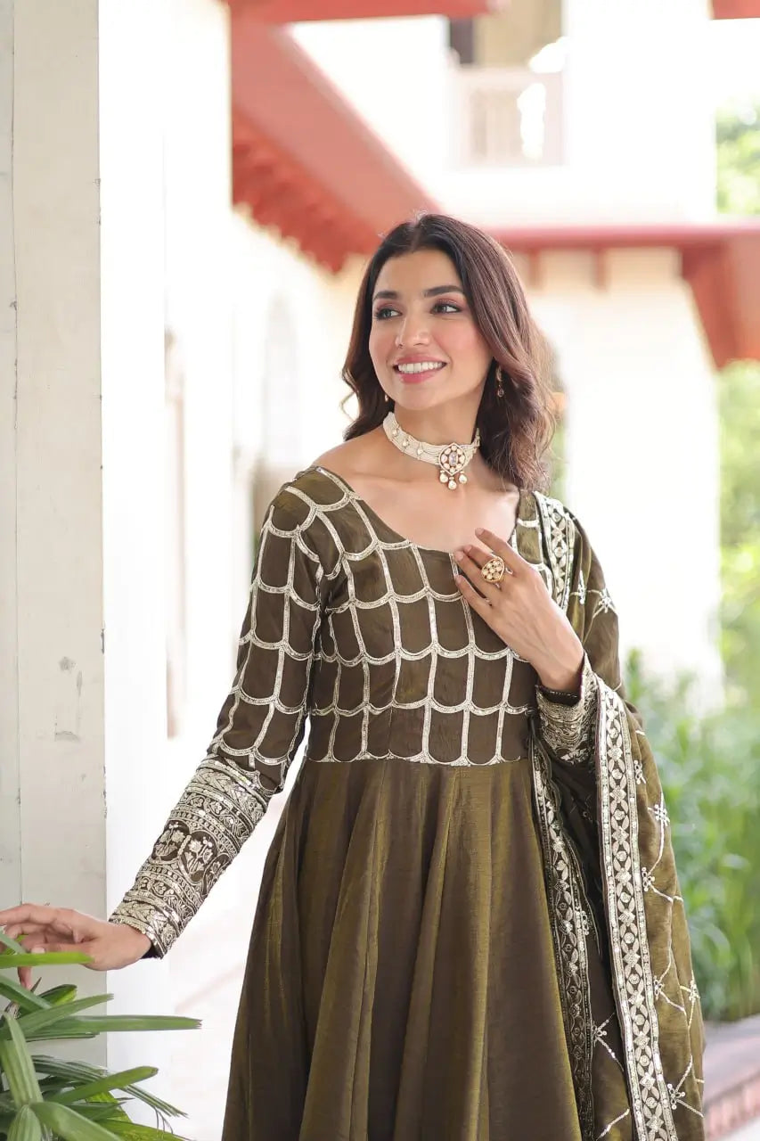 Vichitra Silk Embroidered Anarkali Gown Set