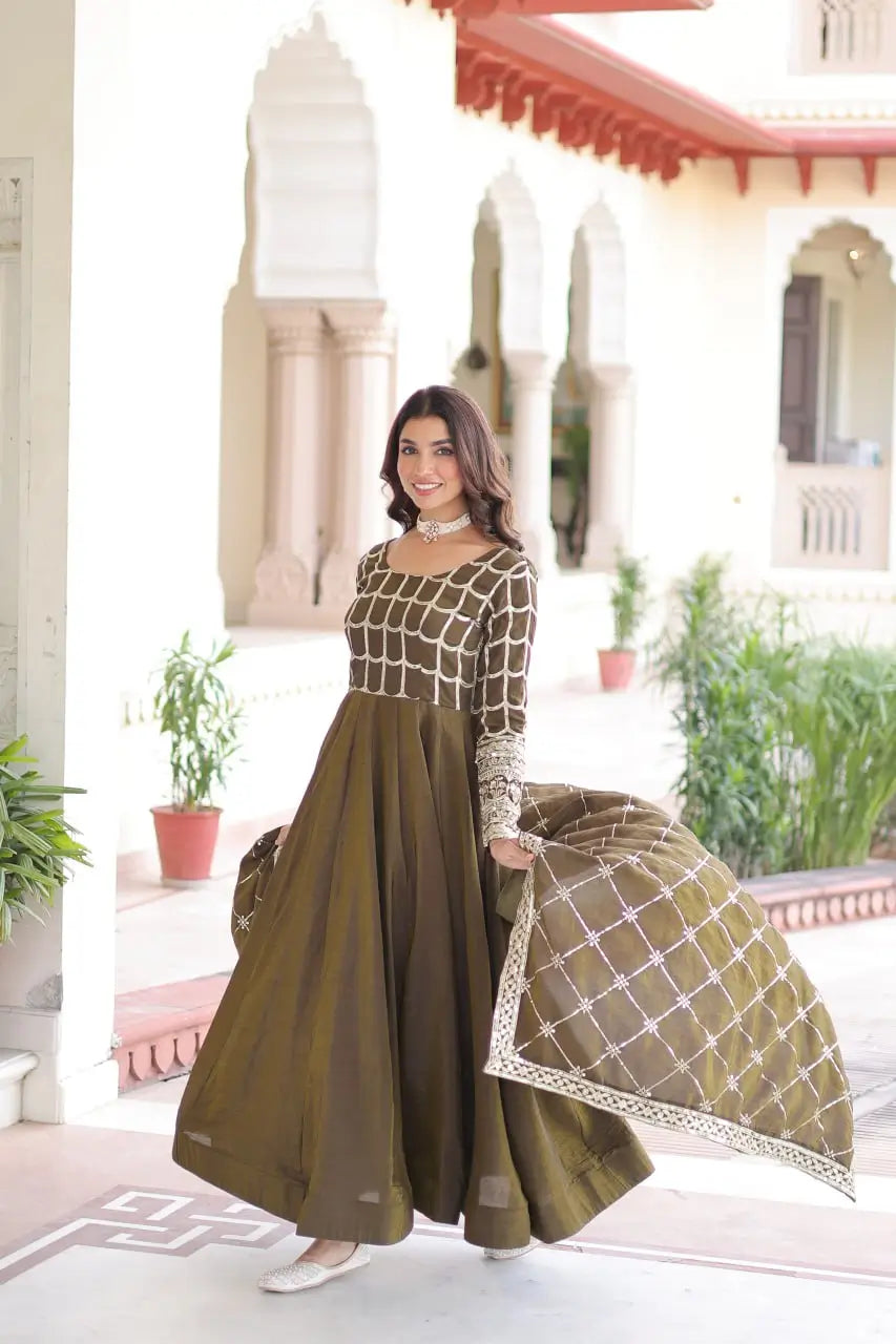 Vichitra Silk Embroidered Anarkali Gown Set