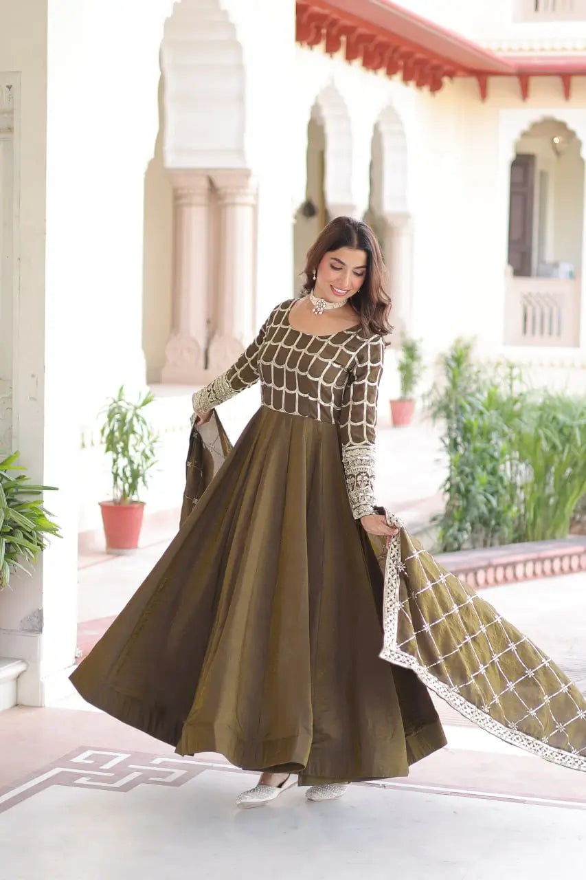 Vichitra Silk Embroidered Anarkali Gown Set