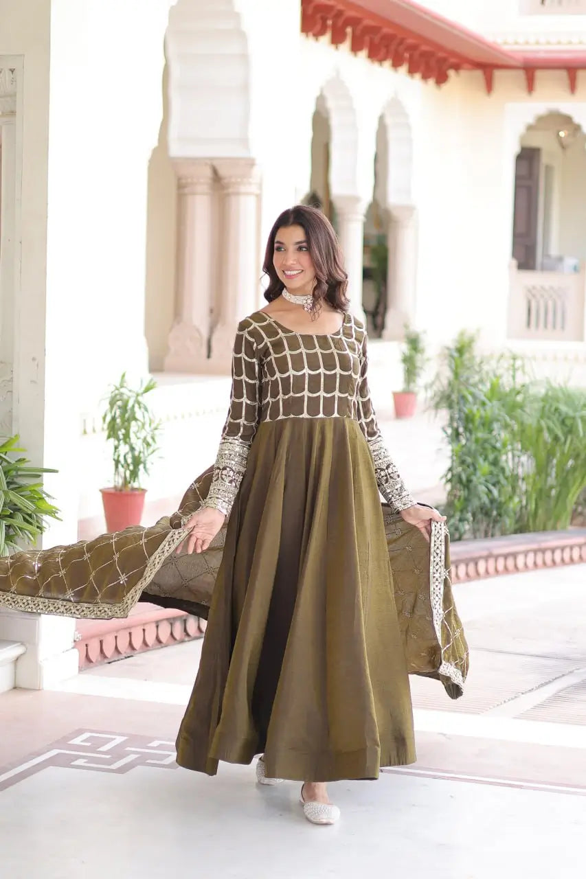 Vichitra Silk Embroidered Anarkali Gown Set