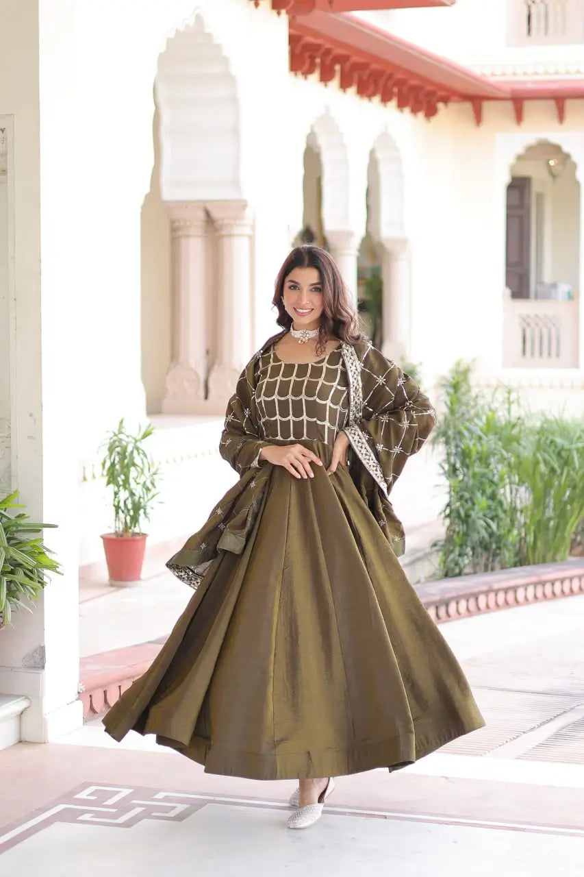 Vichitra Silk Embroidered Anarkali Gown Set
