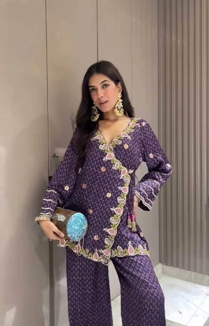 Vichitra Silk Embroidered Co-ord Set with Digital Prints & Sequins Work
