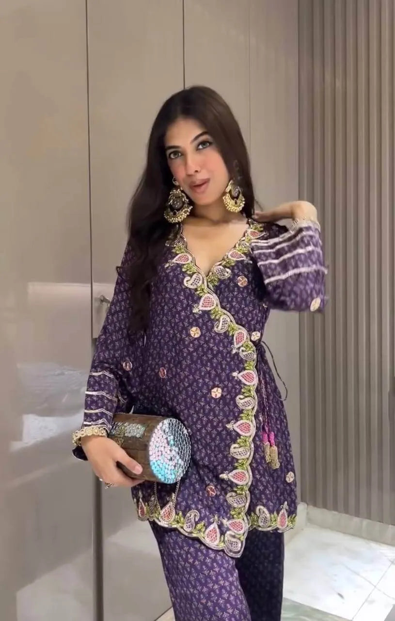 Vichitra Silk Embroidered Co-ord Set with Digital Prints & Sequins Work
