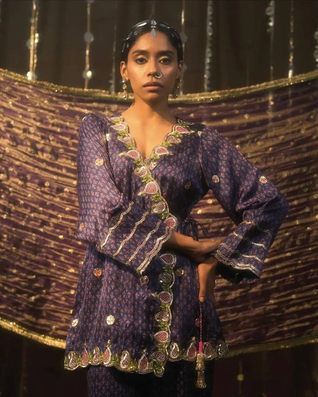 Vichitra Silk Embroidered Co-ord Set with Digital Prints & Sequins Work