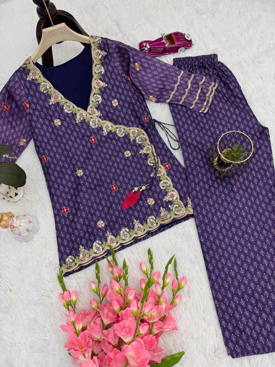 Vichitra Silk Embroidered Co-ord Set with Digital Prints & Sequins Work