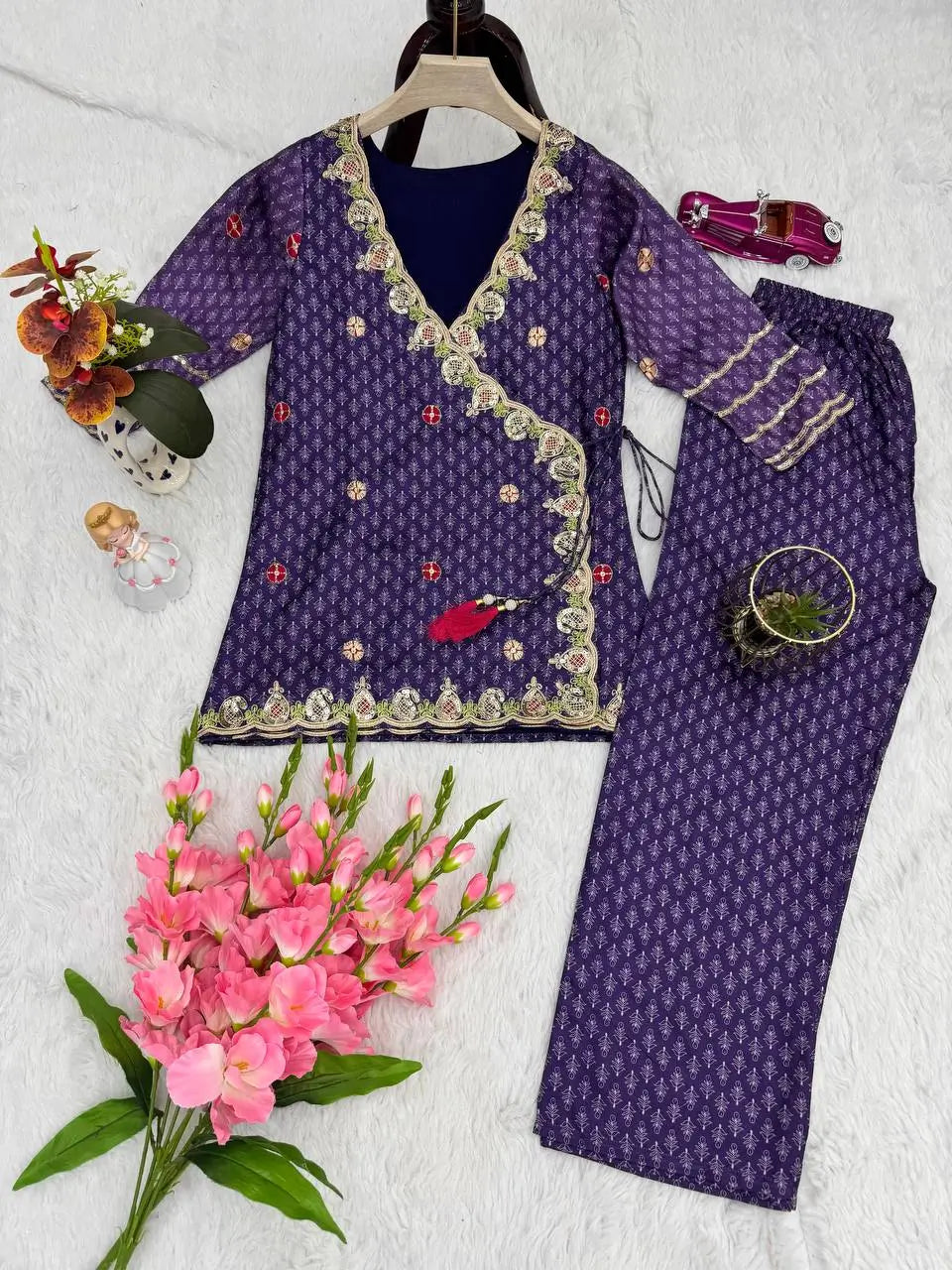 Vichitra Silk Embroidered Co-ord Set with Digital Prints & Sequins Work
