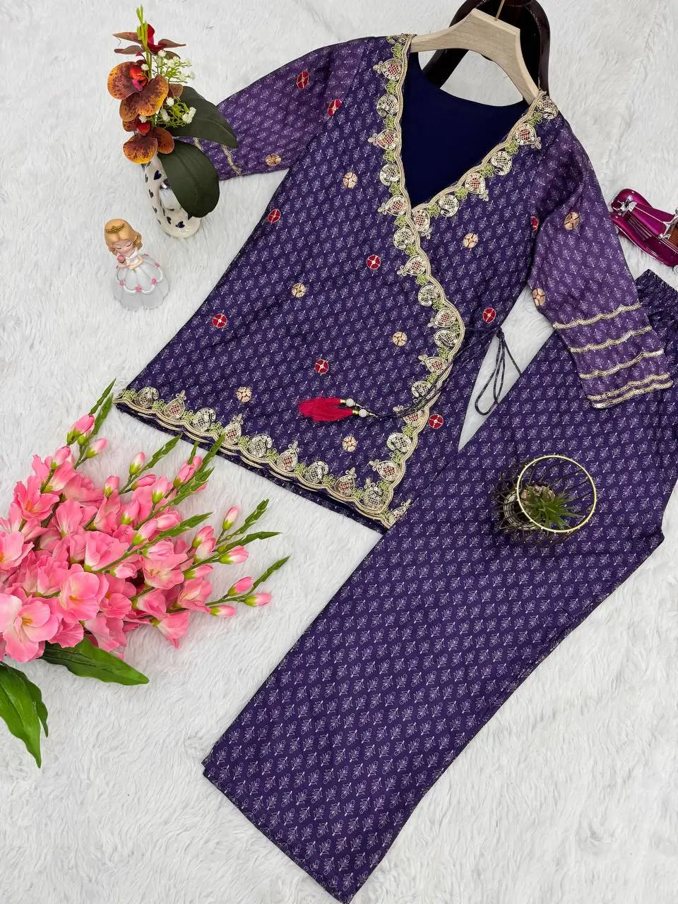 Vichitra Silk Embroidered Co-ord Set with Digital Prints & Sequins Work