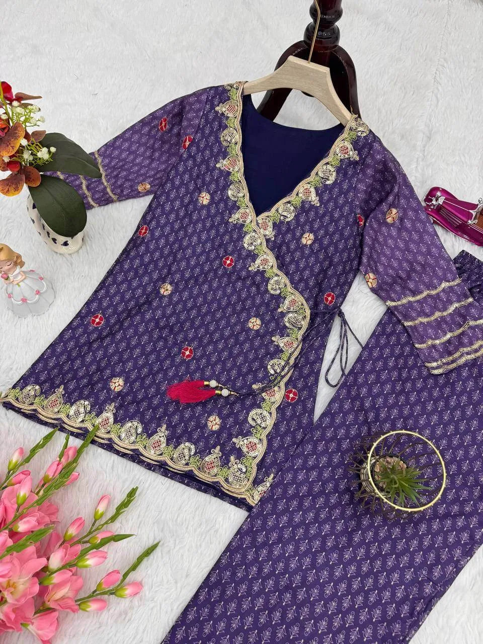Vichitra Silk Embroidered Co-ord Set with Digital Prints & Sequins Work