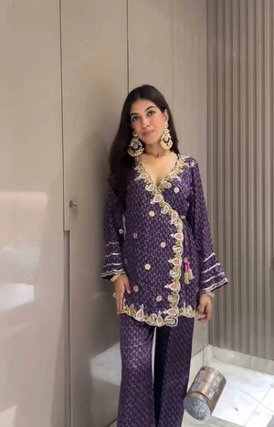 Vichitra Silk Embroidered Co-ord Set with Digital Prints & Sequins Work
