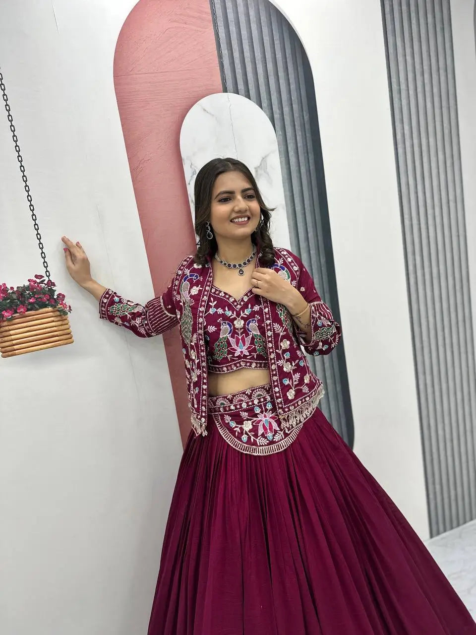 Vichitra Silk Embroidered Crop Top Lehenga with Jacket, Belt & Can Can – Festive Wedding Party Wear