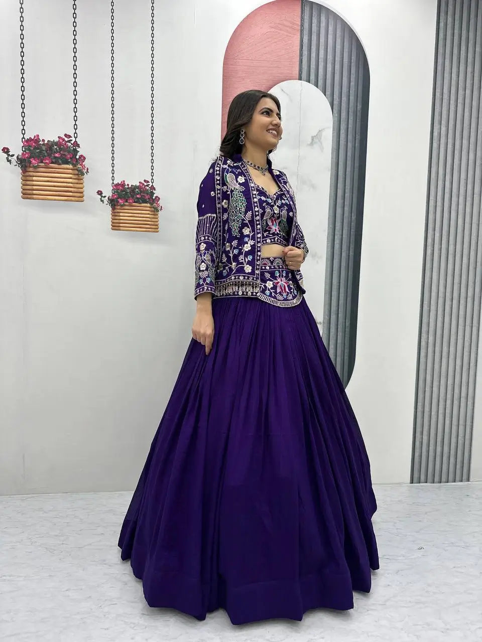 Vichitra Silk Embroidered Crop Top Lehenga with Jacket, Belt & Can Can – Festive Wedding Party Wear