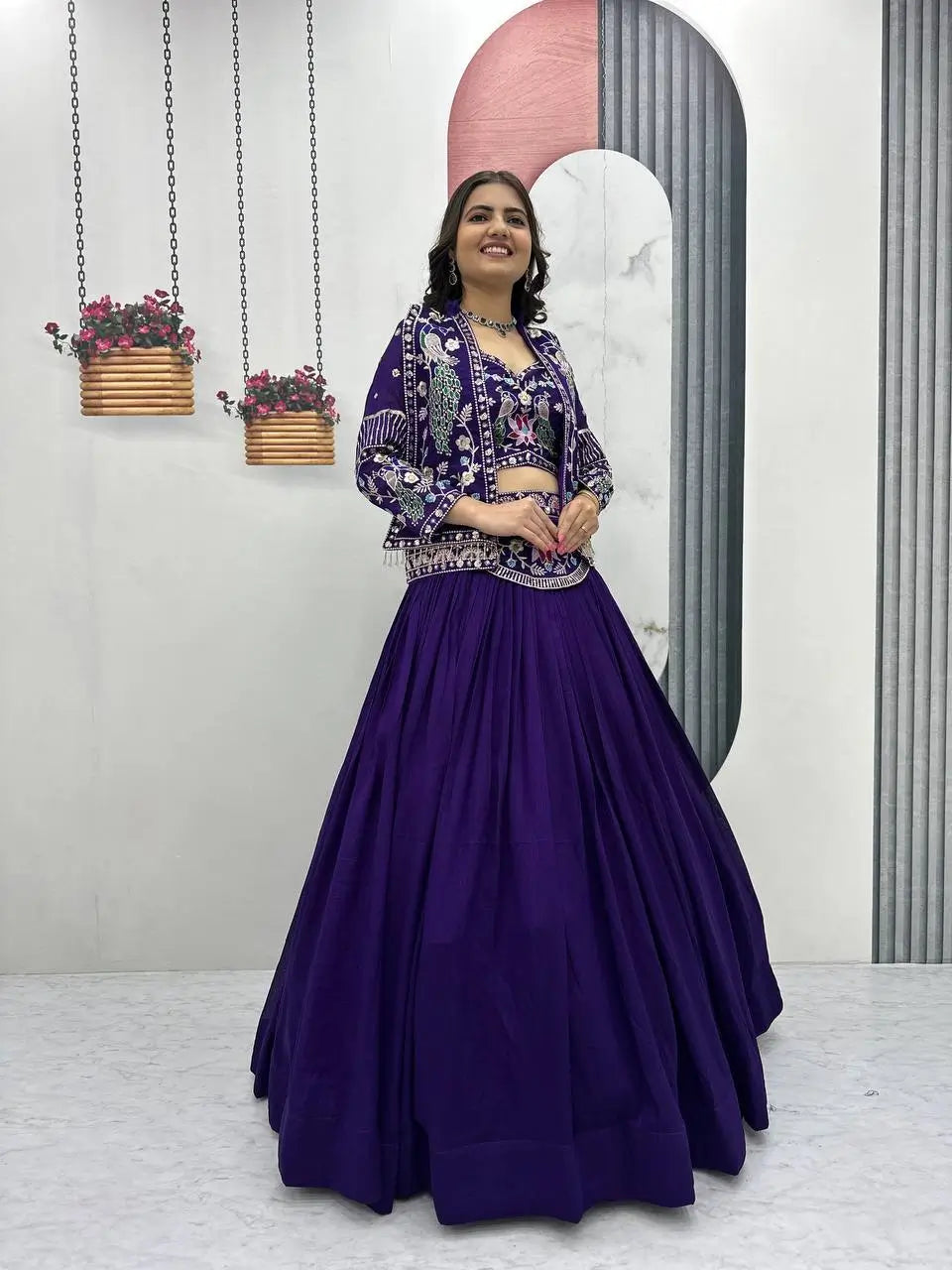 Vichitra Silk Embroidered Crop Top Lehenga with Jacket, Belt & Can Can – Festive Wedding Party Wear