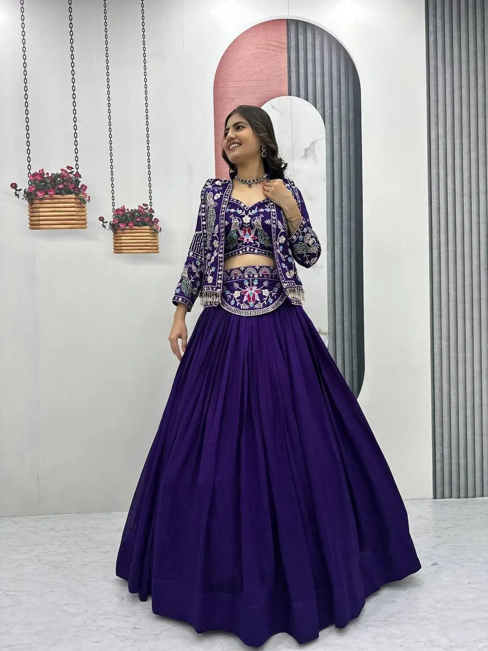 Vichitra Silk Embroidered Crop Top Lehenga with Jacket, Belt & Can Can – Festive Wedding Party Wear