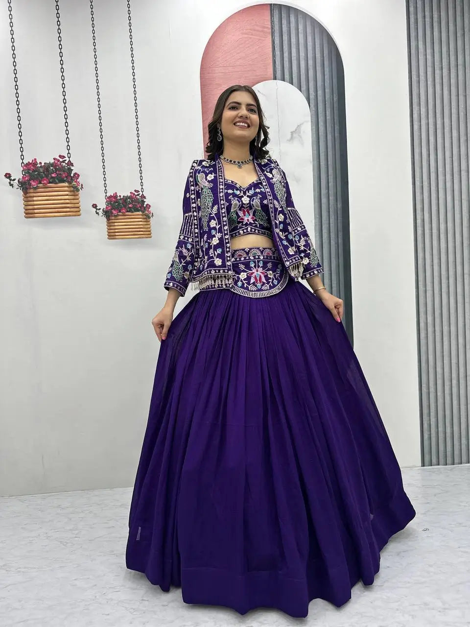 Vichitra Silk Embroidered Crop Top Lehenga with Jacket, Belt & Can Can – Festive Wedding Party Wear
