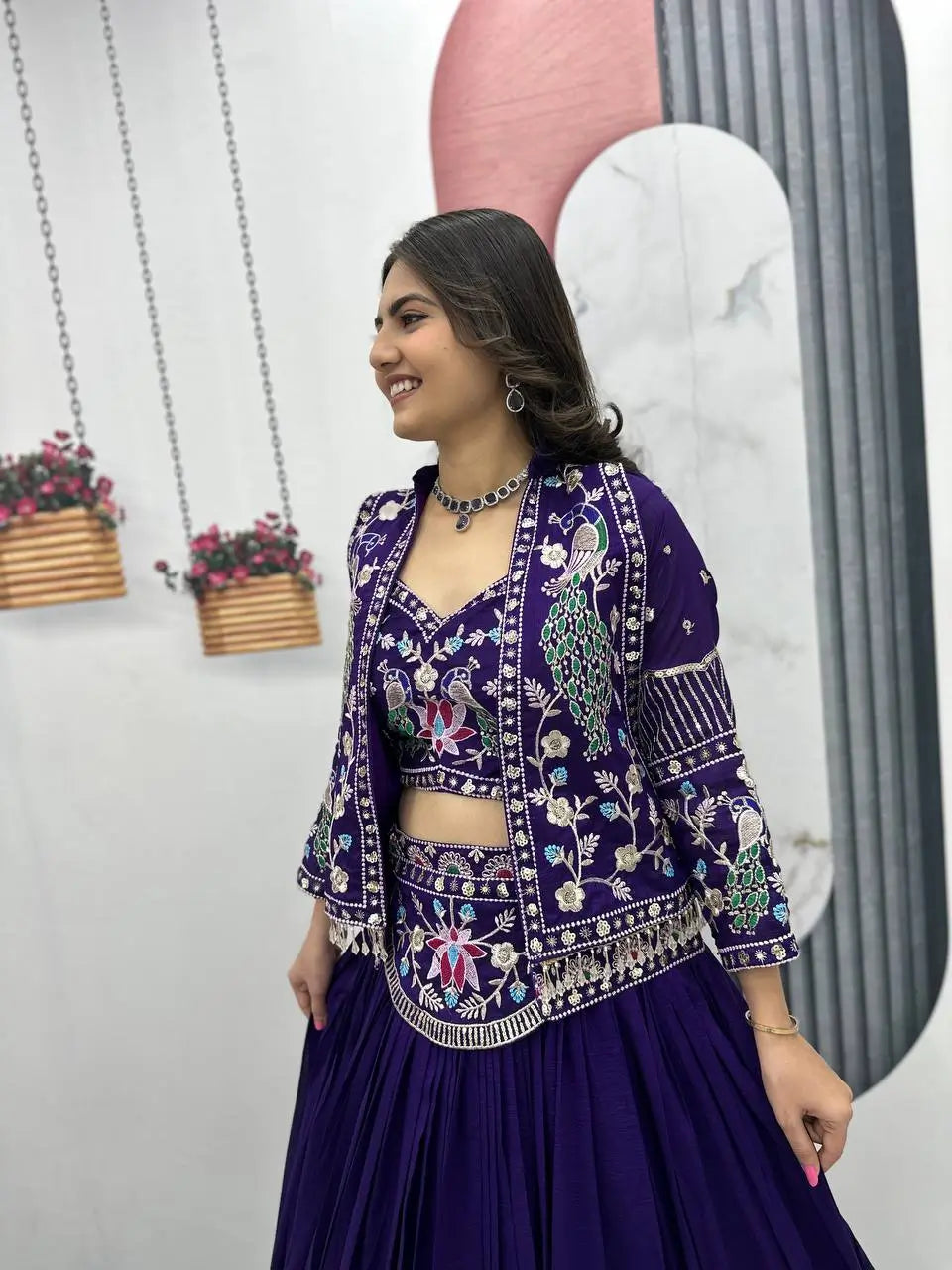 Vichitra Silk Embroidered Crop Top Lehenga with Jacket, Belt & Can Can – Festive Wedding Party Wear