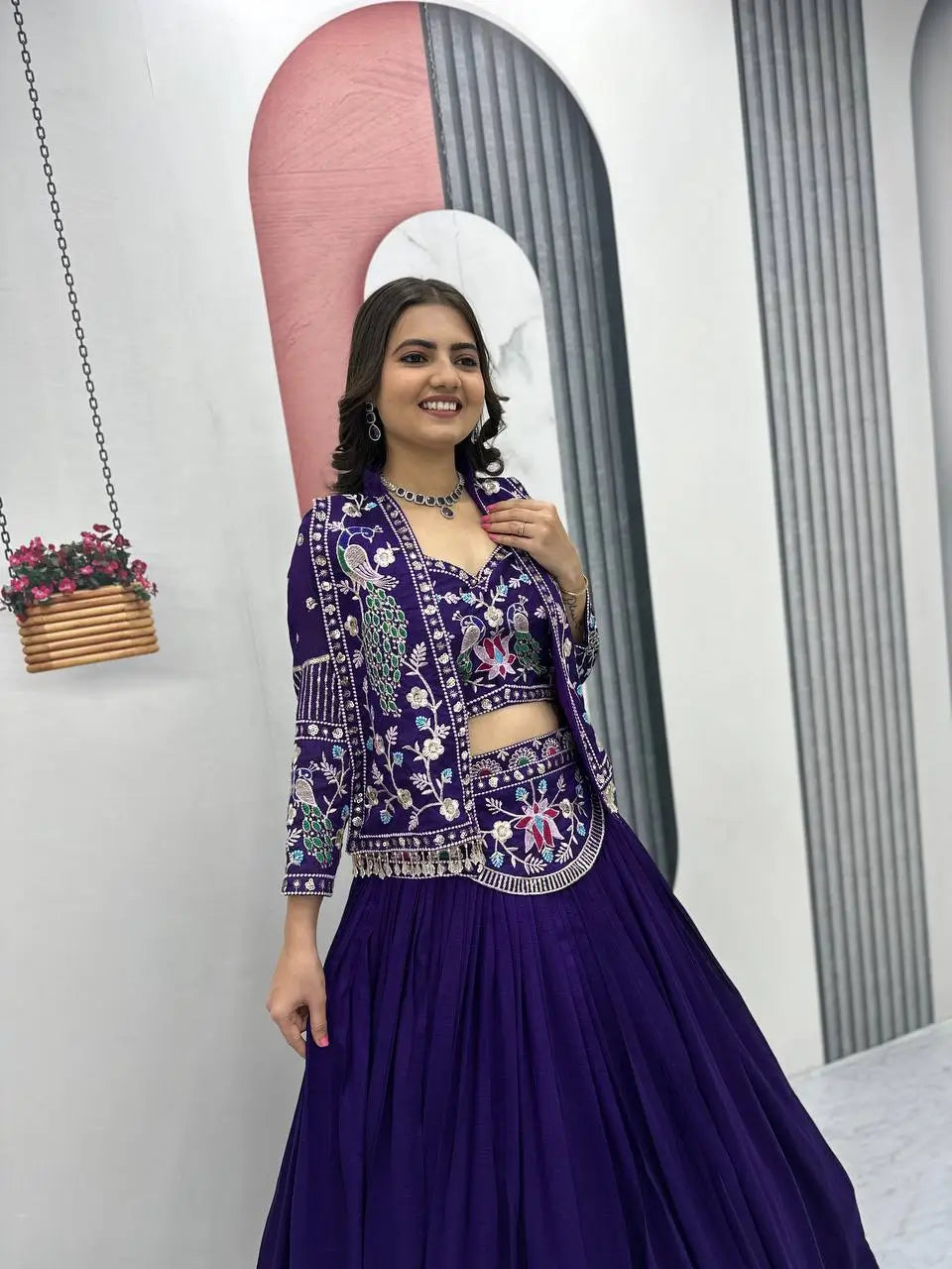 Vichitra Silk Embroidered Crop Top Lehenga with Jacket, Belt & Can Can – Festive Wedding Party Wear
