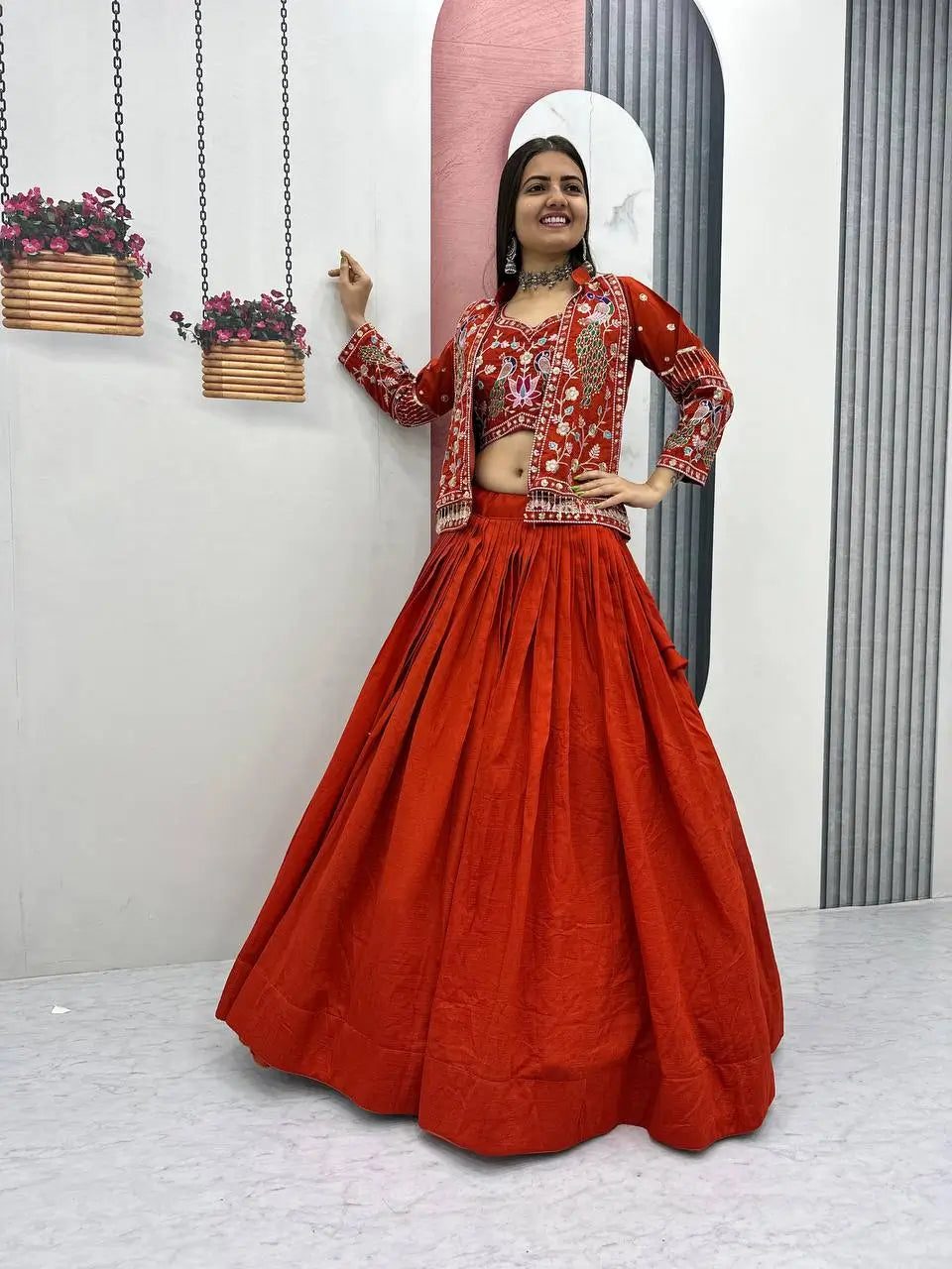 Vichitra Silk Embroidered Crop Top Lehenga with Jacket, Belt & Can Can – Festive Wedding Party Wear