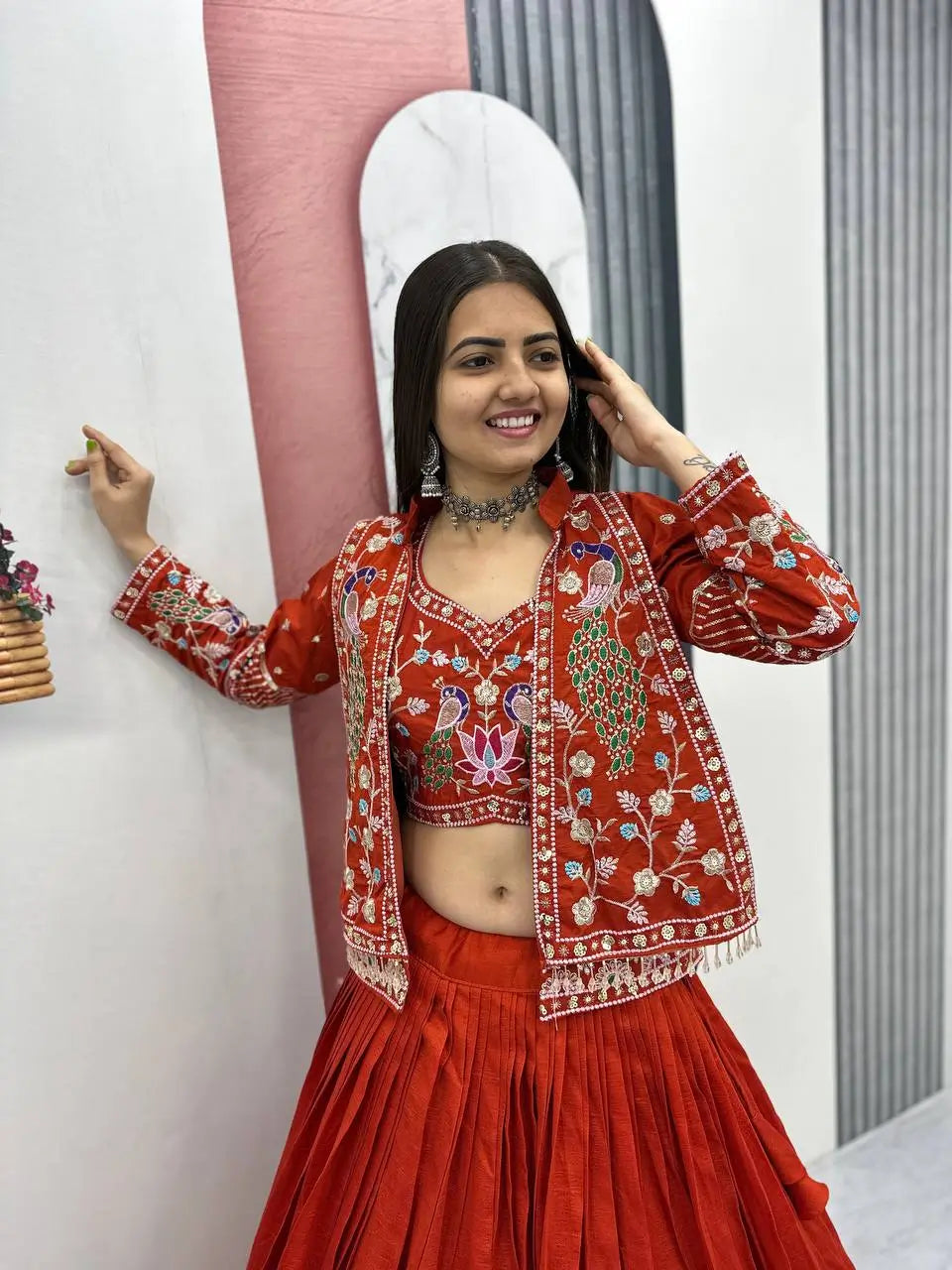 Vichitra Silk Embroidered Crop Top Lehenga with Jacket, Belt & Can Can – Festive Wedding Party Wear