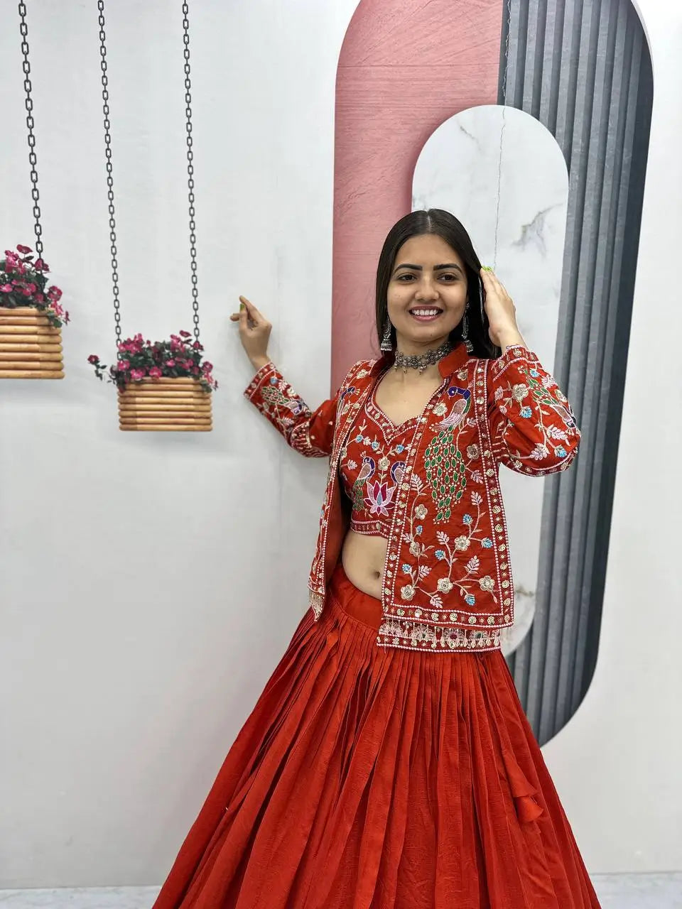 Vichitra Silk Embroidered Crop Top Lehenga with Jacket, Belt & Can Can – Festive Wedding Party Wear