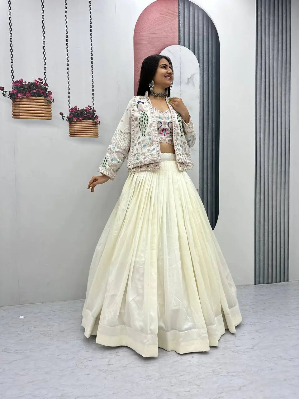 Vichitra Silk Embroidered Crop Top Lehenga with Jacket, Belt & Can Can – Festive Wedding Party Wear