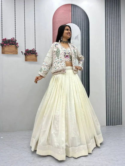 Vichitra Silk Embroidered Crop Top Lehenga with Jacket, Belt & Can Can – Festive Wedding Party Wear