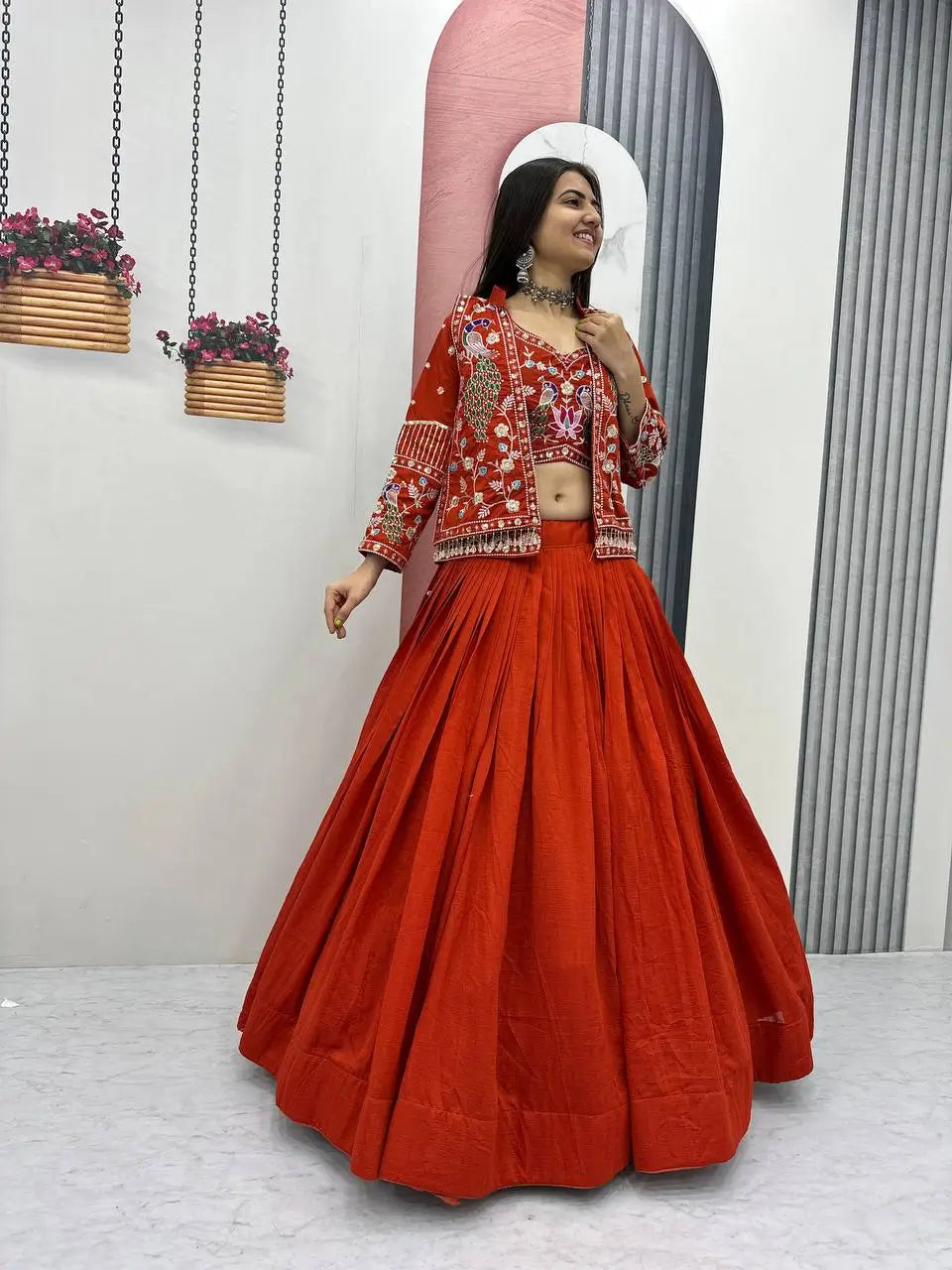 Vichitra Silk Embroidered Crop Top Lehenga with Jacket, Belt & Can Can – Festive Wedding Party Wear