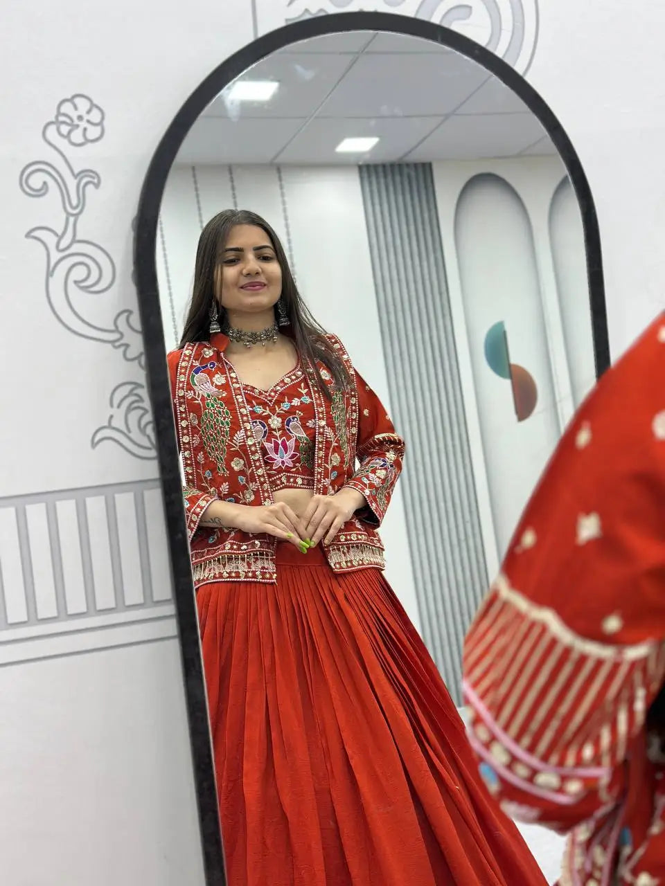 Vichitra Silk Embroidered Crop Top Lehenga with Jacket, Belt & Can Can – Festive Wedding Party Wear