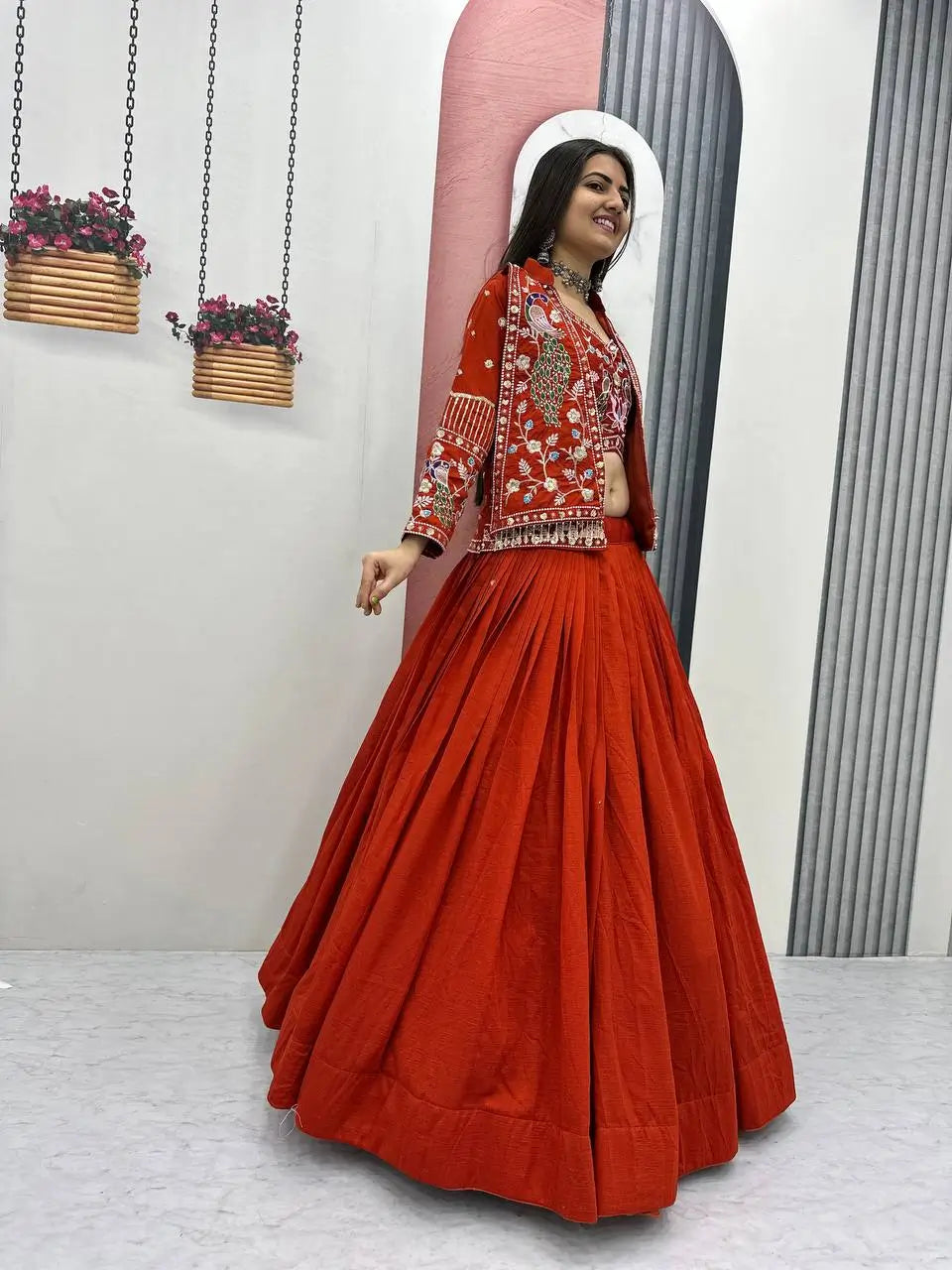 Vichitra Silk Embroidered Crop Top Lehenga with Jacket, Belt & Can Can – Festive Wedding Party Wear