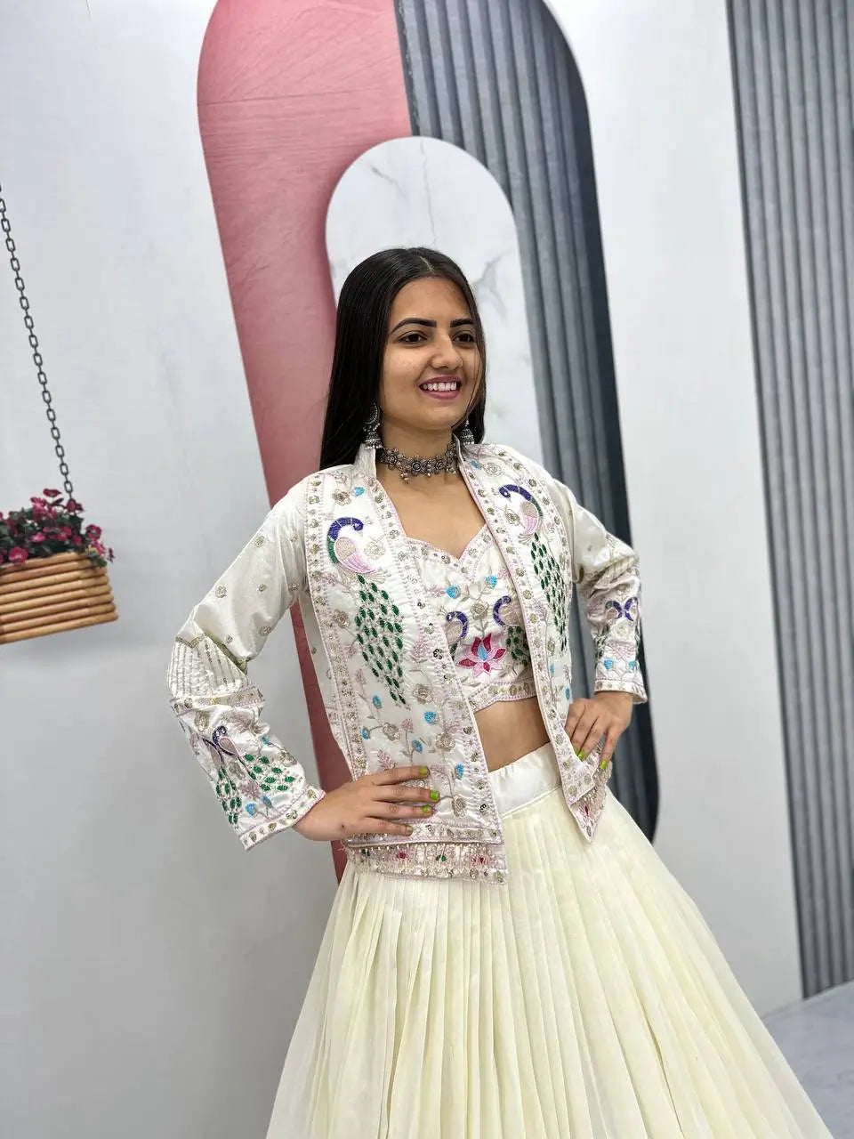Vichitra Silk Embroidered Crop Top Lehenga with Jacket, Belt & Can Can – Festive Wedding Party Wear