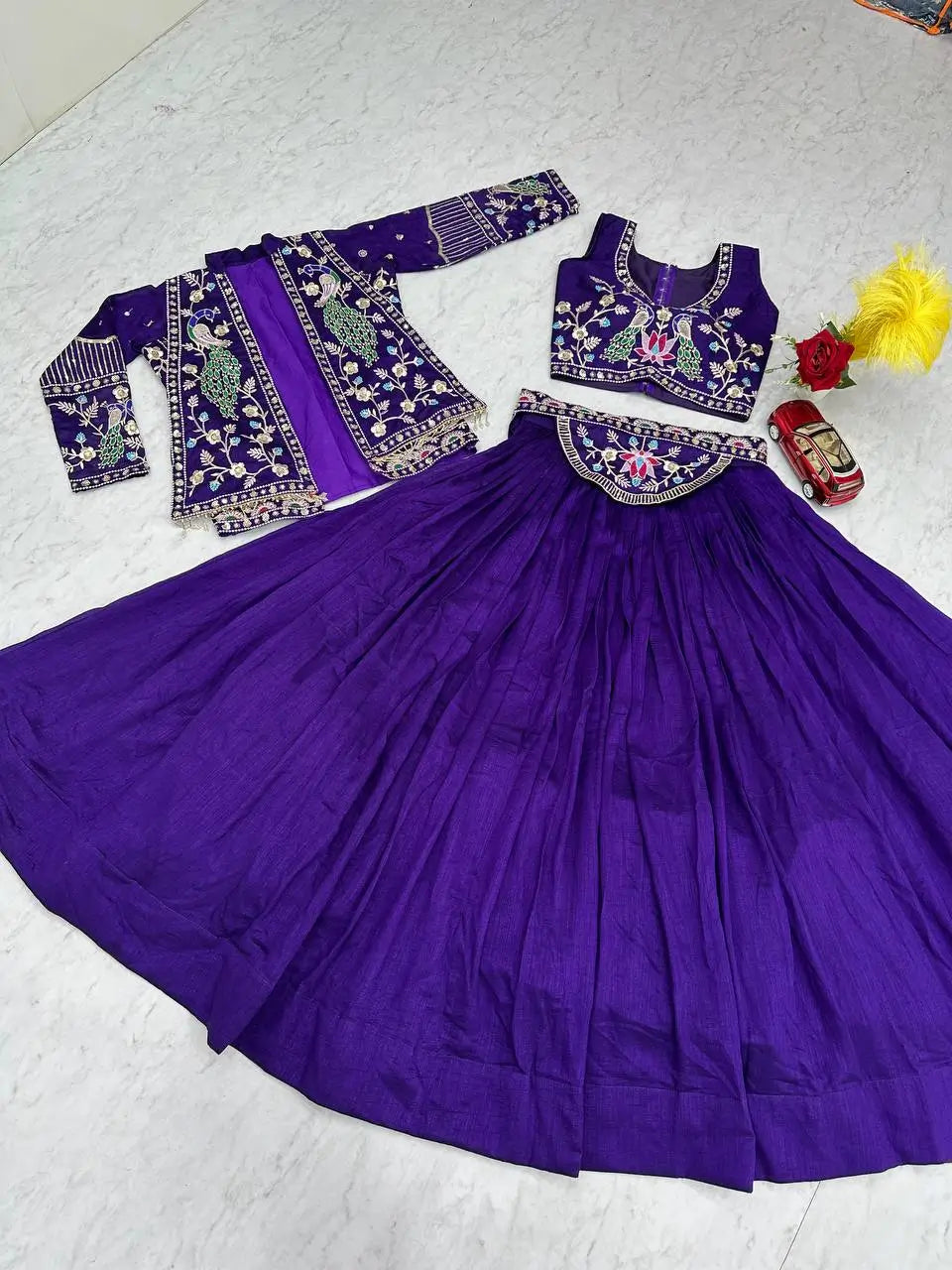 Vichitra Silk Embroidered Crop Top Lehenga with Jacket, Belt & Can Can – Festive Wedding Party Wear