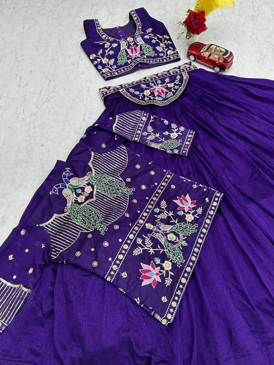 Vichitra Silk Embroidered Crop Top Lehenga with Jacket, Belt & Can Can – Festive Wedding Party Wear